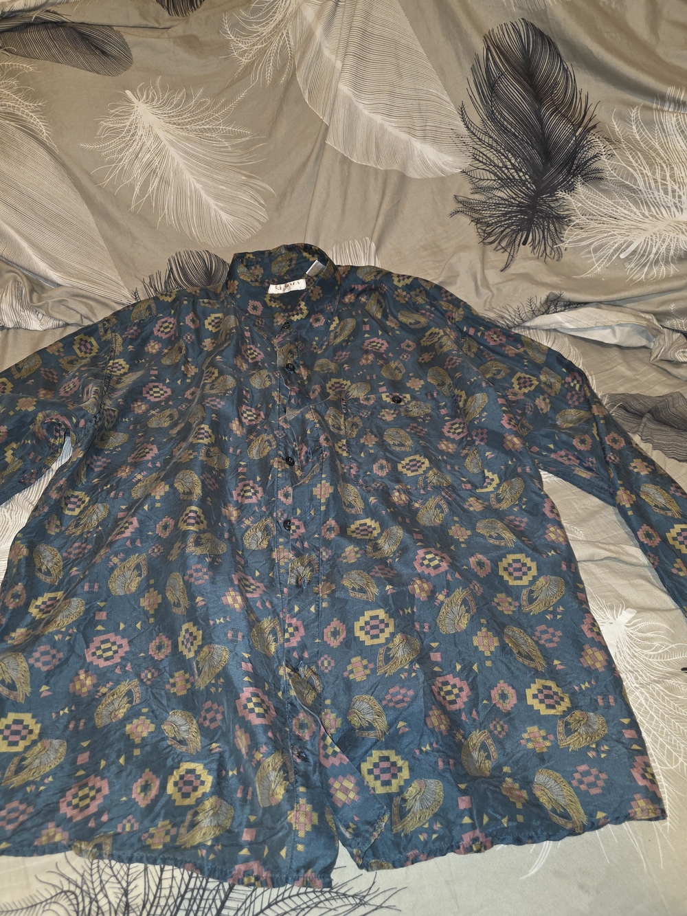 Summa Silk Printed Button-Up Blouse in Teal and Mustard